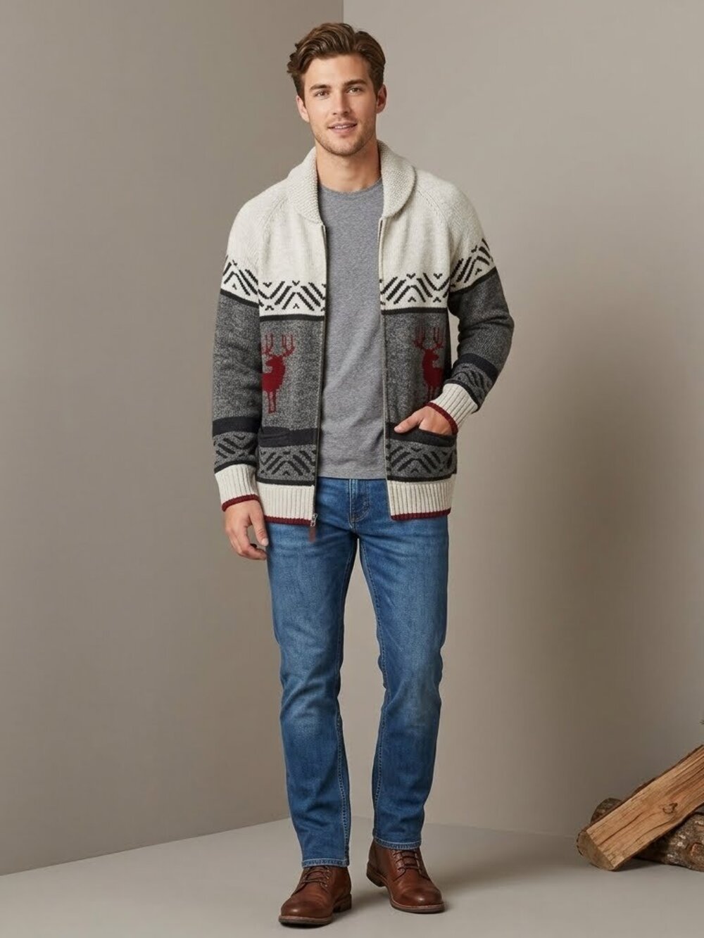 Men's Pre-loved Wind River Cottage Heritage Cardigan with Hunter/Nature Design.